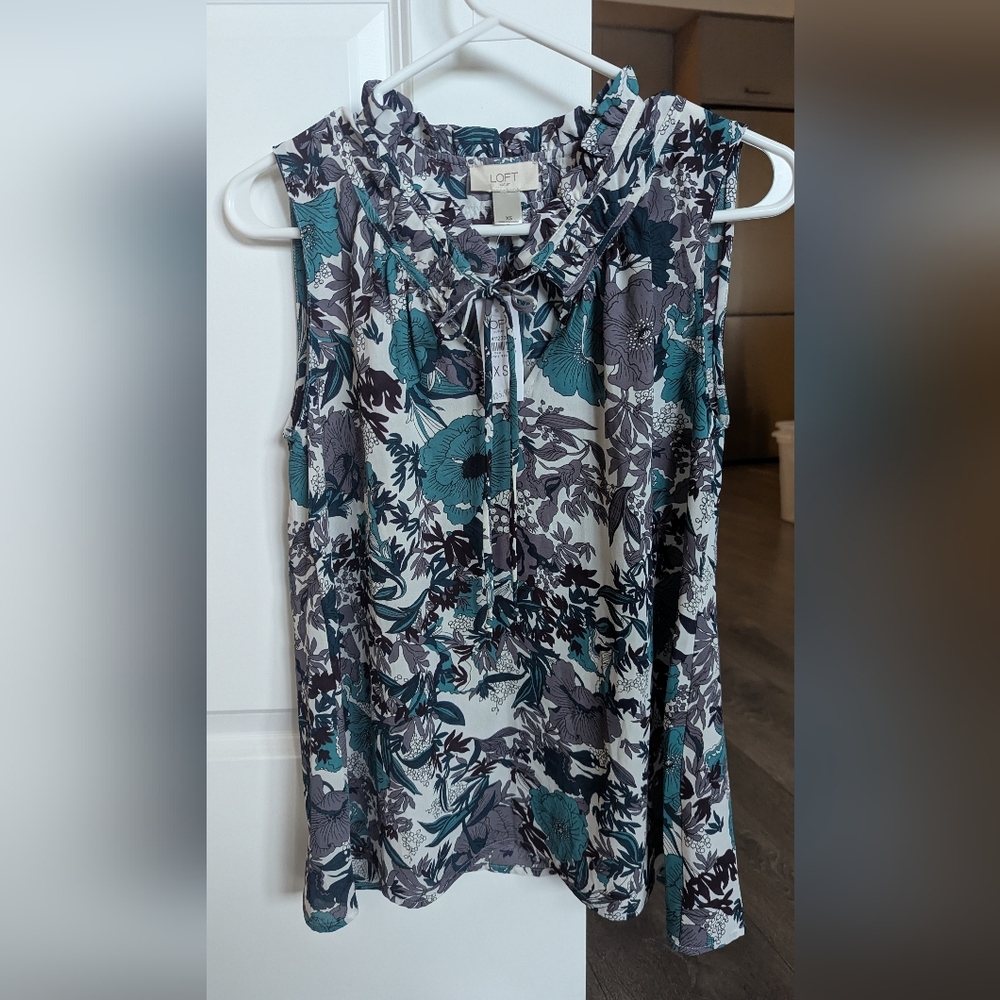 LOFT Floral Sleeveless Blouse - Teal and Black